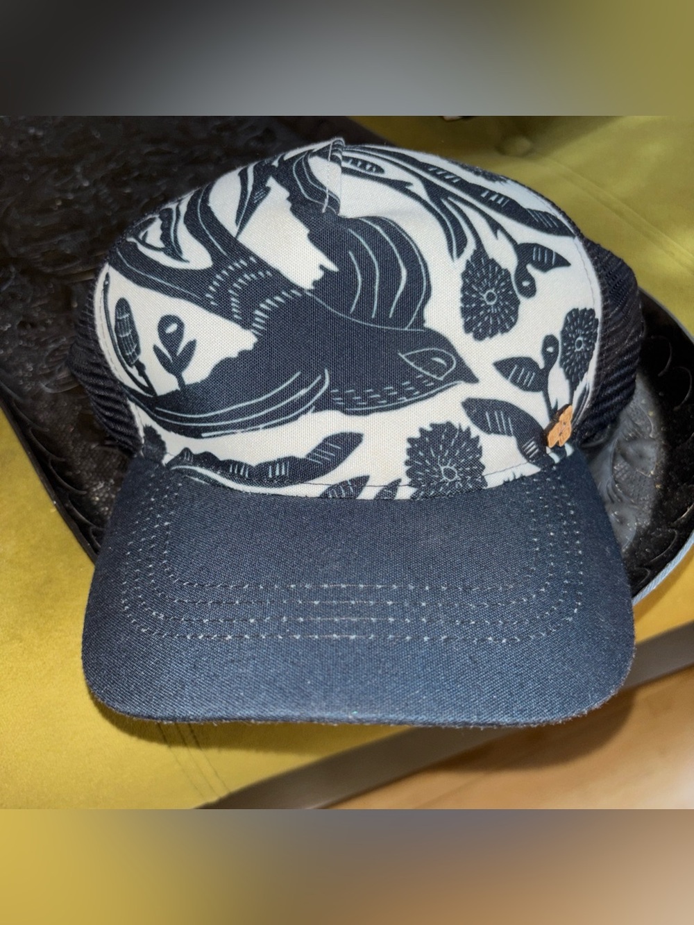 Floral Bird Trucker Hat by G &L Positive Goods Snapback Mesh Back Black Cream